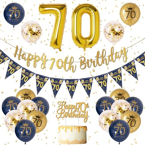 Födelsedagsdekoration 70 År Herr - Ballong och Banner Blå och Guld, Gyllene Konfetti för Firande