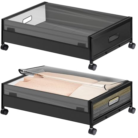 2 Pack Under Bed Storage on Wheels, 50L Underbed Rolling Metal Containers Boxes, Clear PVC Lid Underbed Clothes Storage with Handle, Under-bed Drawer Organizer for Shoes Toys Blankets