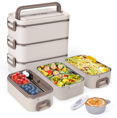 Reabulun Bento-Box Lunchbox für Erwachsene, Stapelbar, 3-Lagig, 304 Edelstahl, 3 L Kapazität, Mit Suppenschüssel, Löffel und Gabel