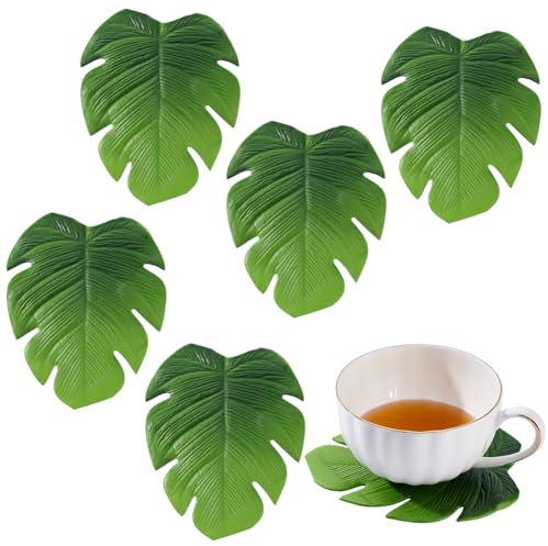 AHANDMAKER Lot de 6 dessous de verre verts avec feuilles de Monstera, sous-verres de plantes de la jungle, imitation plante pour boissons, sets de table à café