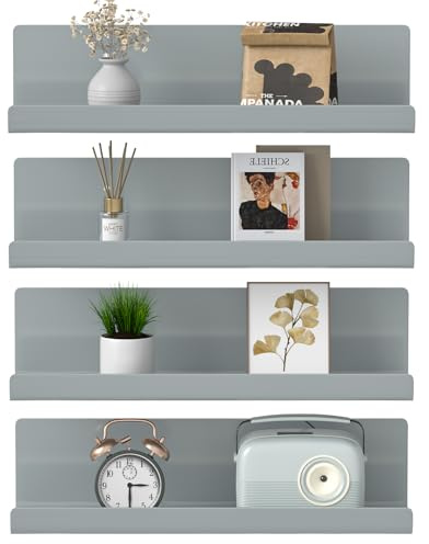 WELDUN Schweberegale, 4er-Set, Wandregal, Bilderleiste, dekoratives Wandregal für Wohnzimmer, Schlafzimmer, Badezimmer, Küche, Heimbüro, Waschküche, Kunststoff, Grau