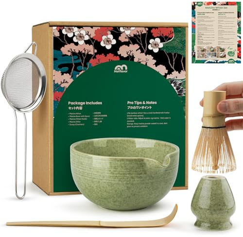 Matcha Whisk Set, Ceramic Bowl Matcha Kit & Handcrafted Bamboo Chasen, Complete 5 Pcs Matcha Set Whisk and Bowl, Stainless Steel Sifter, Bamboo Scoop & Holder for Matcha Lovers