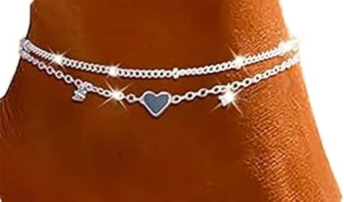 Guidre Fußkettchen für Damen Frauen Silber 925, mit Herz Anhänger | Fussketten, Verstellbare, Stapelbare, Fußkette für Mädchen, Handmade ,Sommer Strand Schmuck