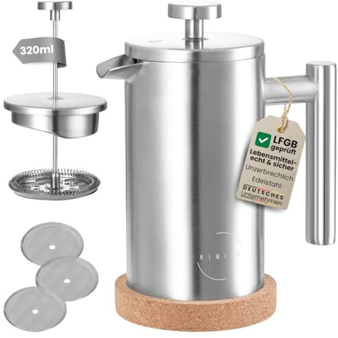 KIMIJO® French Press kaffebryggare, borstat rostfritt stål, inkl. 3 ersättningsfilter och korkunderlägg – dubbelväggiga med varmhållningsfunktion – 0,32 liter – 1–2 koppar