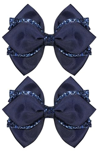 Glitter Navy Blue Ribbon Hair Bows for Girls Women 2pcs 4in Sparkly Sequin Cheer Bow Alligator Clips for Teens School Uniform Dance Wedding Dress Accessory Birthday Gift