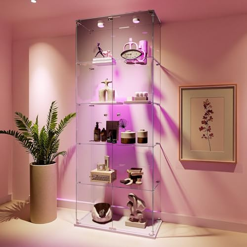 UTTQEW vitrina de cristal con LED, vitrina de colección con 5 estantes de cristal y 2 puertas con cerradura de pie, vitrinas templadas modernas, 186x78x34 cm, blanco (luz táctil blanca)