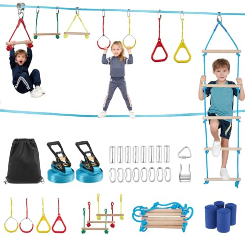 Set di slackline 8 in 1 per bambini da 3 a 10 anni, ostacoli da arrampicata ninja, da giardino, con teleferica, barre da scimmia, anelli da arrampicata, scala, protezione per alberi, portata fino a 50