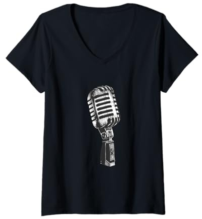 Donna Microfono Classico Musica Arte Vintage Microfono cantante Design Maglietta con Collo a V