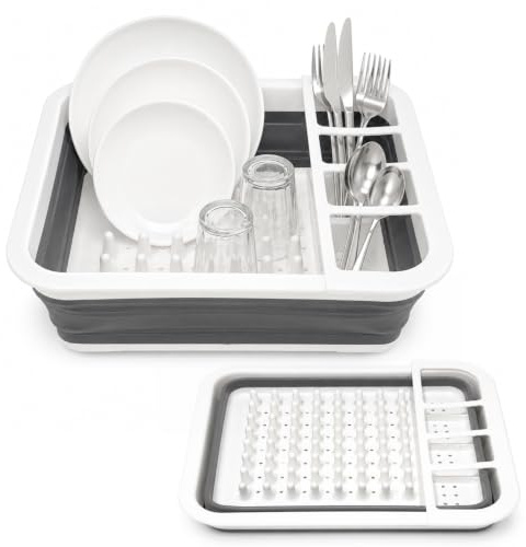 Besto Collapsible Dish Drainer Rack | Foldable & Portable Cutlery Dryer with Utensil Holder | Space Saving TPR & PP Draining Rack | Plastic Sink Drying Rack for Plates, Cups, Pots & Pans