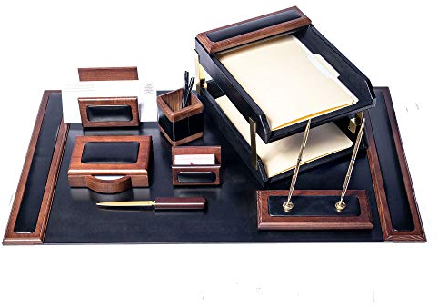 Dacasso Walnut and Black Leather Desk Set, 10-Piece, 34 x 20