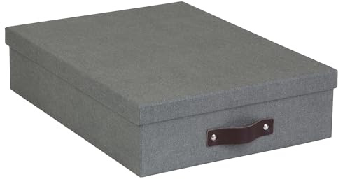 Bigso Oskar Canvas Fiberboard Document Letter Box - File Organizer Box for Important Paperwork - Document Storage with a Lid & Leather Handle - 3.3 in x 10.2 in x 13.8 in - Gray