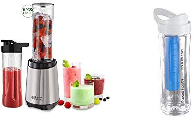 Russell Hobbs Mixer SET- Standmixer & Smoothie Maker to go [23.500 U/min Power-Motor] inkl. 2x Mixbehälter 600ml + 1 Trinkflasche mit Kühlakku (BPA-frei, spülmaschinen- & bruchfest inkl. Deckel)