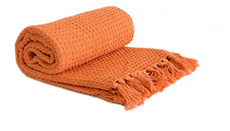 Emma Barclay Waben-Überwurf, recycelte Baumwolle, einfarbig, Waffelstruktur, für Stuhl, Sofa, Sofa, Überwurf, Decke, 178 x 254 cm, Orange