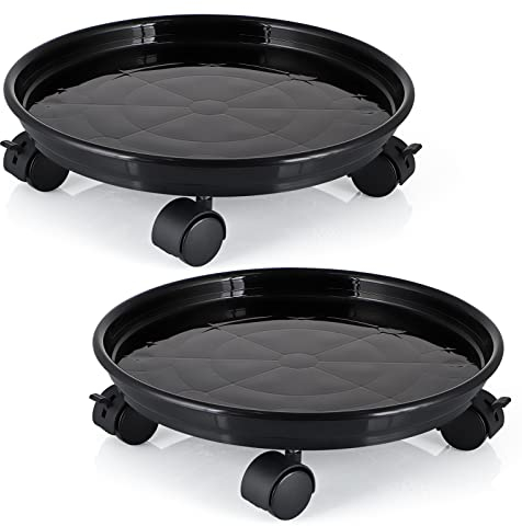 Skelang 2 Pcs Plant Caddy 30cm, Plant Pot Trolley with Brake Wheels, Plastic Planter Roller for Heavy Garden Pot, Plant Pot Stand, Loading Capacity 56kg Each (Black)