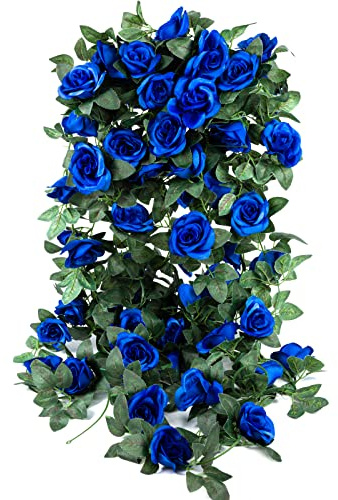 OWPFJG 4 Pack (32FT) Artificial Rose Vine Fake Flowers Garland (Royal Blue)