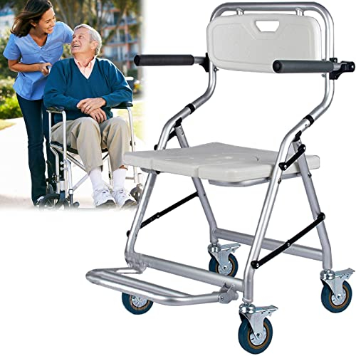 Duschstuhl mit Rollen Klappbar, Duschhocker für Senioren und Behinderte mit Gepolsterten Armlehnen und Rückenlehne, Duschsitz, Toilettenstuhl, Maximale Belastung 120 kg, Weiß