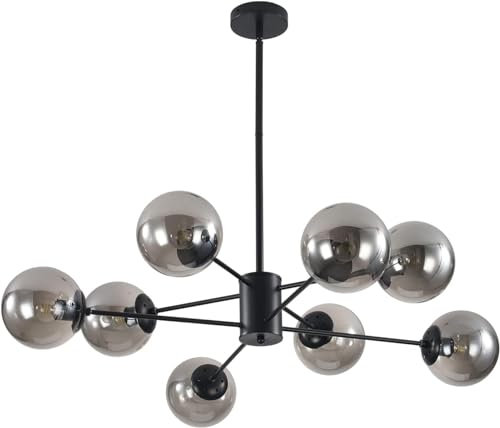 KCO Iluminación moderna globo de vidrio Sputnik Chandelier 8 luces mediados de siglo negro Sputnik lámpara colgante lámpara de araña industrial granja lámpara de araña (negro+gris ahumado)