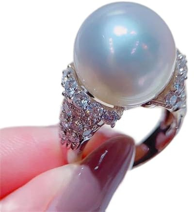 QUSIIOSLK Anillo solitario de plata de ley 925 con incrustaciones de perlas de marfil con circonita cúbica AAA, micropavé de diamantes de imitación de lujo seleccionados a mano con perlas cultivadas