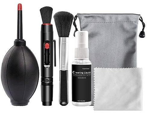 Kit de 6 accesorios de limpieza de cámara con solución de limpieza, bolígrafos de lente, pincel, herramientas esenciales para fotógrafos, kit de limpieza de teclado, cámara, limpiador de lentes de