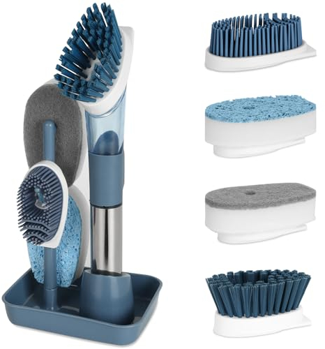 Gucass Spülbürste mit Spülmittelspender, Abwaschbürste Set mit 4 Ersatzköpfen und Halter, Küchenbürste Multifunktional Reinigungsbürste Geschirrbürste, Seifenspenderbürste für Topf Spüle Pfanne(Blau)