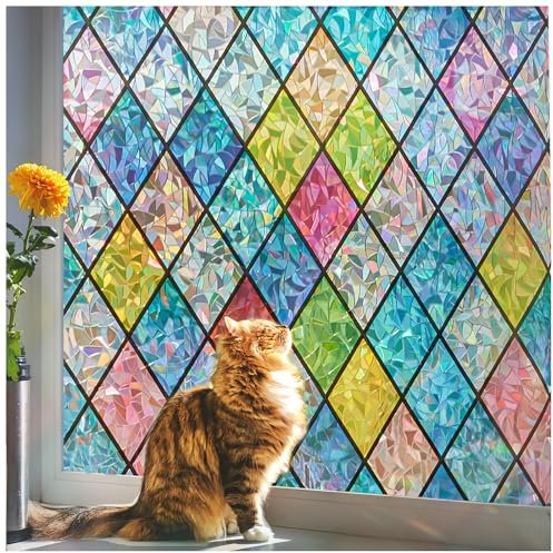 Beautysaid Rainbow Window Film Privacy: Stained Glass Self Adhesive, No-Glue Frosted Window Tint, Static Cling，UV Window Film Home (Multicolor, 60x200cm）
