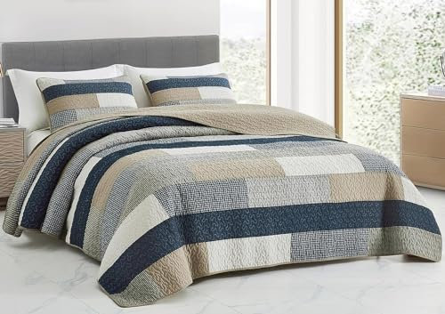 Chezmoi Collection Dylan 3-delat lapptäckesset, förtvättat kviltat bomullsöverkast, i marinblått, vitt, grått, brungrått, rutigt, rektangulärt, lätt, vändbart, för alla årstider, för kingsize-säng