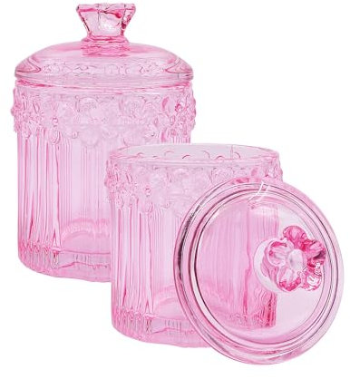 2 Pack Qtip Holder Glass Bathroom Storage Canisters for Cotton Rounds, Apothecary Jars with Lids, Cute Crystal Beauty Eggs Makeup Pads Dispenser, Candy Container Floss Organizers (Pink)