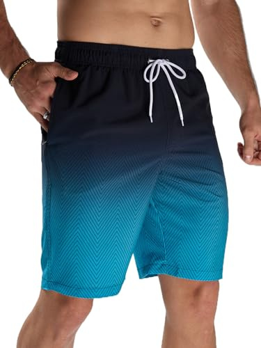 Arcweg Mens Long Swimming Shorts Swim Shorts with Zip Pockets for Men Quick Dry Mens Swimming Trunks Adjustable Drawstring Board Shorts Surf Beach Shorts Black Blue Gradient L