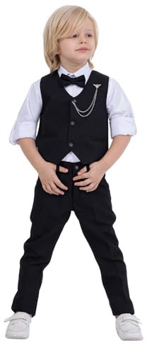 Vest Suit for Boys | 4-Piece Set Shirt, Pants, Vest, and Bow Tie | Party and Formal Wear for Boys Aged 1-13 Years (UK, Age, 10 Years, 11 Years, Regular, Black I)