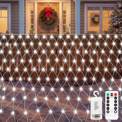CCILAND Luces de red de jardín con batería de 3 m x 2 m, 200 luces LED de malla con control remoto, 8 modos, cadena de luces de hadas para exteriores, impermeable, regulable, para patio, patio,