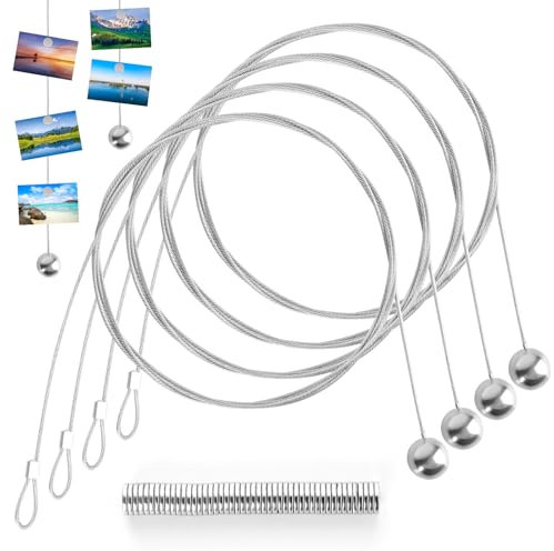 4 Stück 2,5m x 1,5mm Fotoseil, Fotodrahtseil mit Kleine 48 Magneten, Edelstahl Fotokette Fotoleine, Bildaufhängung Seil für Aufhängen von Fotos und Postkarten