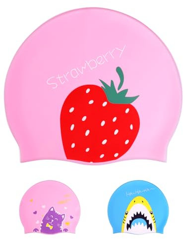 Badekappe Kinder, Silikon Wasserdicht Badekappe Mädchen Kinder Jungen für Langes, Kurzes Haar, Teenager 6–14 Jahre (rosa Erdbeere)