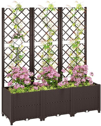 Outsunny Raised Garden Bed with Trellis, Plastic Planter Box with Drainage Holes, Drain Plugs and Water Reservoirs for Climbing Plants, Vegetables, Flowers, Brown