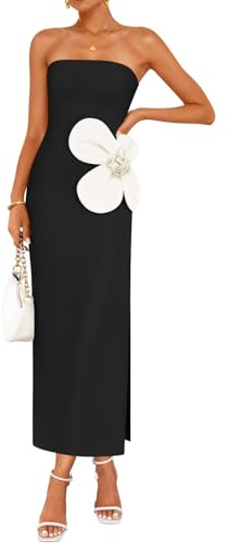 ZESICA Women's Summer Strapless Bodycon Maxi Dress 2026 Ribbed Knit Backless Floral Tube Cocktail Party Long Dresses,Black,Small