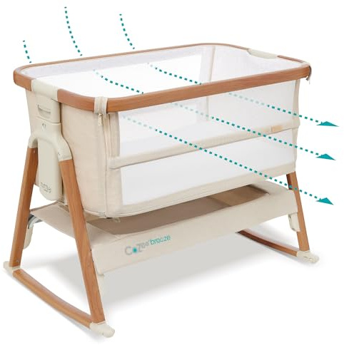 Tutti Bambini CoZee® Breeze Plus - Next To Me Crib & Standalone Baby Cot - Max Ventilation, Rocking Bars - 60-Second Assembly, Adjustable Height, Foldable, Mattress Included 0-6 Months - Walnut/Ecru