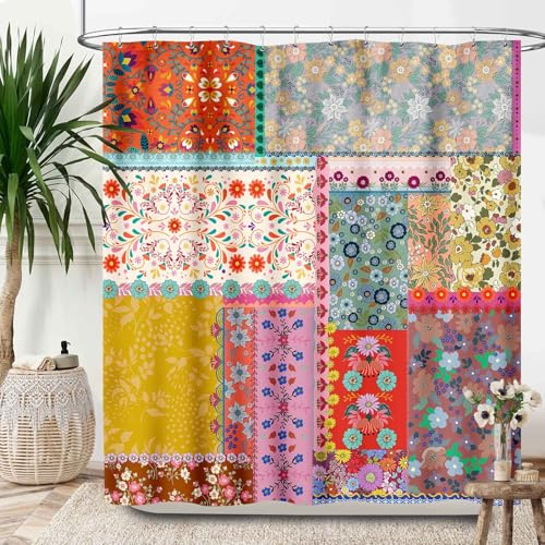 Lnepty Boho Floral Shower Curtains,Vintage Patchwork Flower Country Spring Colorful Wildflowers Splicing Paisley Pattern Bathroom Curtain Waterproof Fabric Machine Washable with Hooks,72x72 Inch