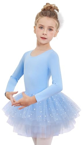 Arshiner Robe de Ballet pour Filles Robe de Danse à Manches Longues Vêtements de Ballet pour Enfants Combinaison en Coton Pailleté Body de Danse avec Tutu Jupe à 4 Couches et Niveaux 120/2-3 Ans
