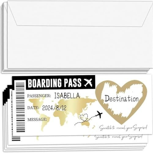 5 Pcs Boarding Pass Scratch Card,Surprise Holiday Reveal,Holidays Scratch Cards Revealing Personalised Surprises Trip Golden Flight Ticket Scratching Off With Envelopes & Heart Gift for Lover,Family