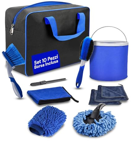 Daimann - Kit Pulizia Auto Completo 16 Pezzi per Pulizia Auto Interni ed Esterni con Spazzola Lavaggio Auto, Panni in Microfibra e Guanti Chenille, Facile da Usare e Multiuso Professionale