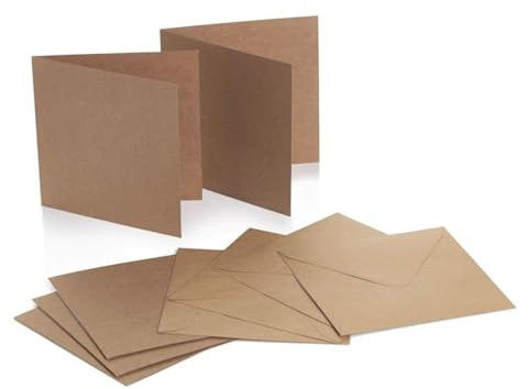 Cranberry 25 Pack - 5x5 ECO Kraft Card Making Set - Natural Brown Square Blank Creased Cards with Matching 5x5 110gsm Kraft Envelopes - for DIY Invitations, Cards and Stationery