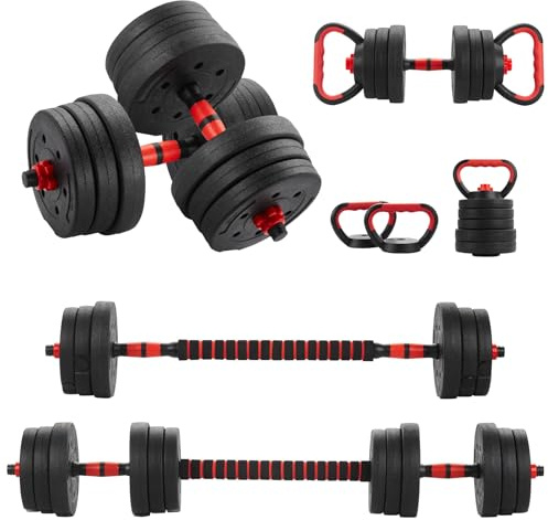 TEENO Kit Completo 6 en 1 de Musculación 20 kg, con Kettlebell, Mancuernas, Barra y Soporte de Flexiones, Ideal para Fitness y Entrenamiento en Casa