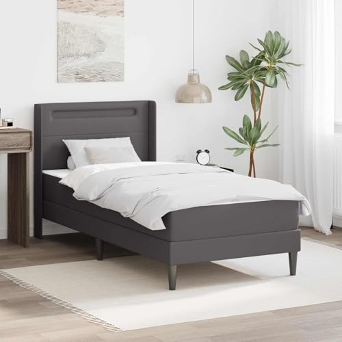 YunCangg Sängram med madrass grå 90 x 190 cm konstläder, fickfjäderkärna kallskum topp, ventilerande sovunderlägg, USB-portar, LED-belysning, bekvämt ryggstöd