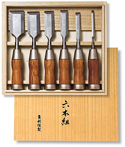 KAKURI Japanese Wood Chisel Set Damascus 6 Piece for Woodworking, Aogami Blue Steel No.2 Blade, Made in Japan [Japanese & Western Mixed Style]