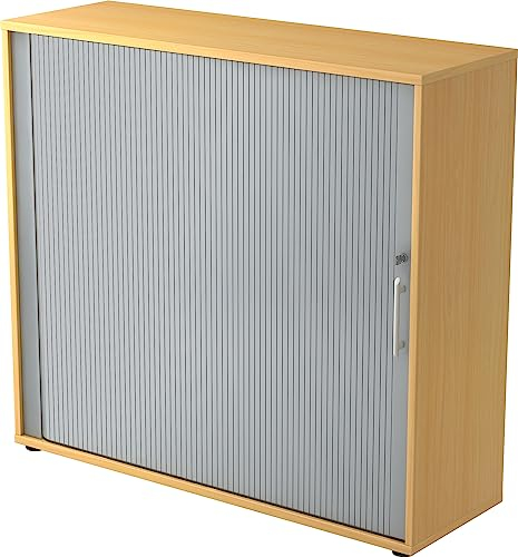 bümö Aktenschrank abschließbar mit Rollladen, Rollladenschrank für Ordner & Co. - Büroschrank mit Rollo, abschließbarer Ordnerschrank aus Holz in Buche/Silber mit Relinggriff