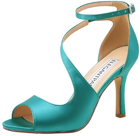 ELEGANTPARK HP1565 Teal Heels for Women Peep Toe Ankle Strap Sandals High Heel Shoes Satin Wedding Bridal Prom Evening Party Dress Sandals Summer US 7
