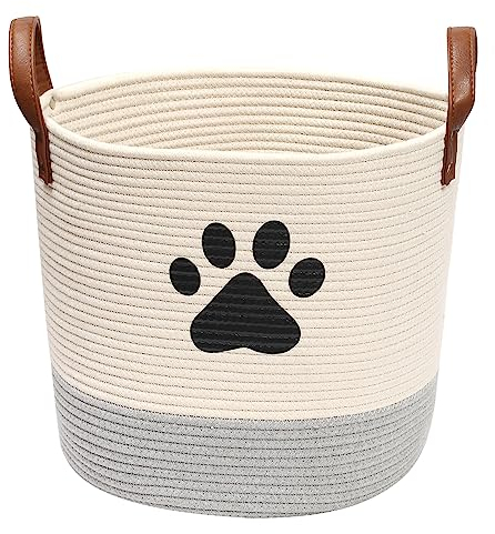 MOREZI canasta redonda grande para juguetes para mascotas, adecuada para guardar juguetes para perros y otros suministros para mascotas-Beige/Gris