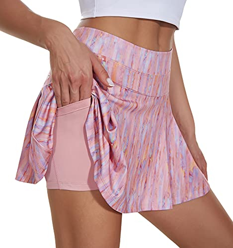 VUTRU Damen Tennisröcke Hohe Taille Tennis Skort mit Taschen Laufröcke Sport Golfrock mit Innenhose Rosa M