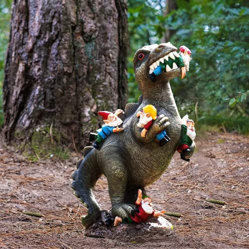 Dinosaur Eating Garden Gnomes Statue - Funny Artificial Sculptures with Cute Dinosaurs Decor for Home Office Patio