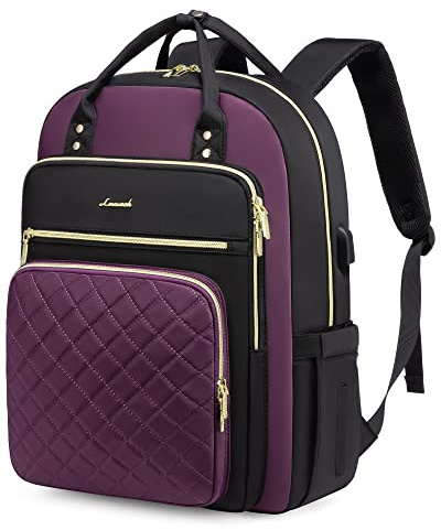 LOVEVOOK Laptop Backpack Purse for Women, 15.6 Laptop Bag for Travel with USB Port, Water Resistant Lightweight Daypacks for College Work Business, Nurse Teacher Computer Bags, Purple Black