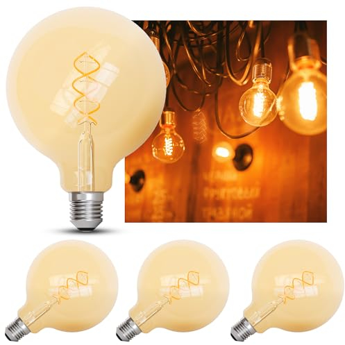 linovum 4er Set Globe LED Filament Lampe E27 dimmbar extra warmweiß, G125 extra große Kugelform - Vintage Retro Edison 3,4W